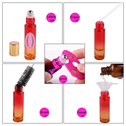 inice 24 Pack Gradient Color 10ml Essential Oil Roller Bottles with Metal Caps
