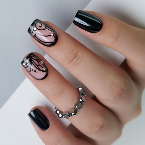 CurvLife Press On Nails Set - 32PCS Soft Gel with Rhinestones