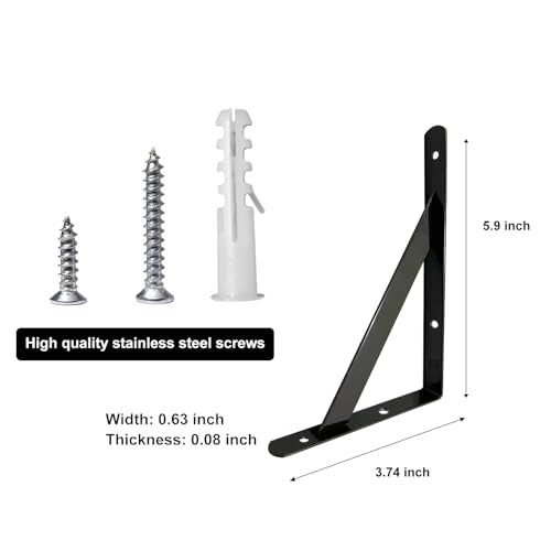 Heavy Duty Shelf Brackets 6x4 Inch - Black Powder-Coated Steel (4 Pack)