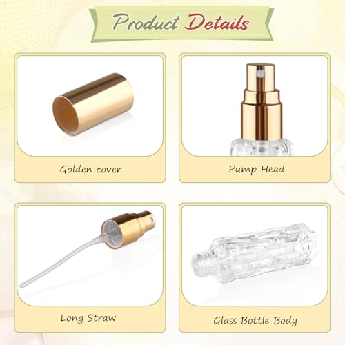 12Pcs 10ml Refillable Glass Spray Bottles with Gold Lid - Travel Atomizer