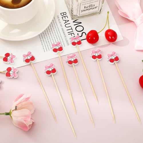 100 Pcs Cherry Bow Cocktail Picks - Bamboo Appetizer Skewers
