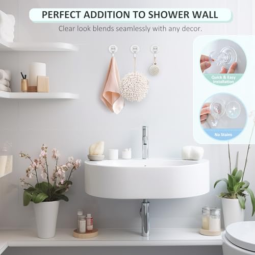 Heavy Duty Shower Suction Cup Hooks - 6 Pcs Clear, Removable & Reusable