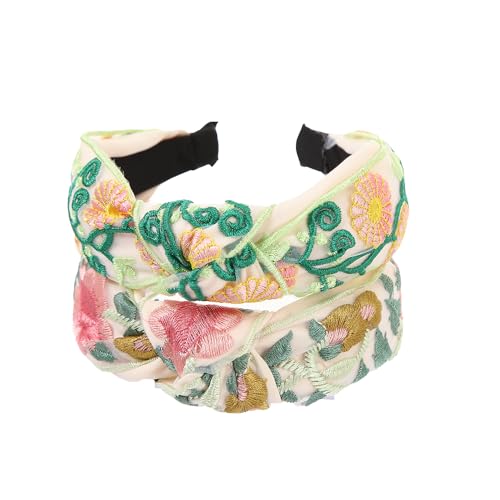 TURTLEDOVE Green Floral Embroidered Headband - Knotted Wide Hair Accessory