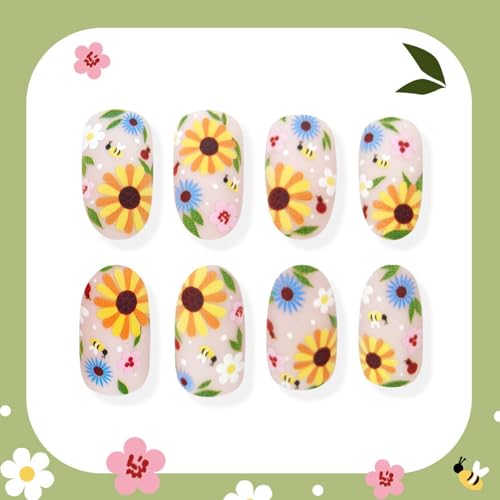 Diowino Short Press-On Nails with Flower & Insect Design, Sunflower & Bee Acrylic Manicure Tips, 24 pcs