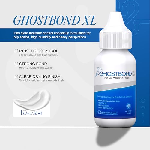 GHOSTBOND XL Hair Replacement Adhesive 1.3oz- Invisible Wig Bonding Glue: Water & Oil-Resistant, Non-Toxic, Light Hold for Secure and Natural-Looking Poly and Lace Hairpiece, Wigs & Toupee Systems