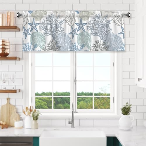 Coastal Window Valance - 54"x18" Nautical Blue Coral Curtains