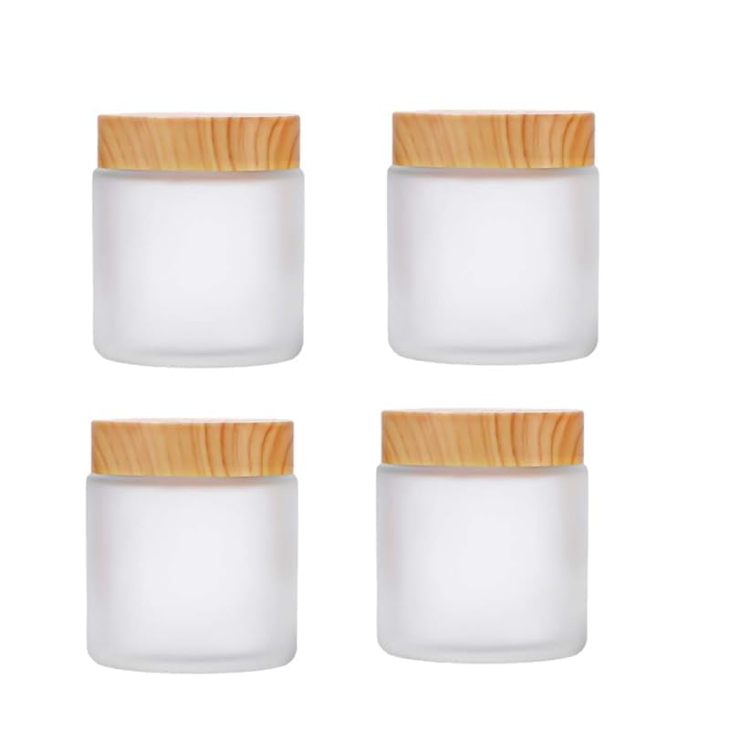 White Frosted Glass Cosmetic Jars 100g Refillable Containers with Wood Grain Lids - Travel Size