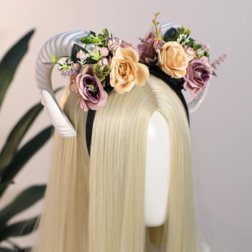 MOSTORY Flower Sheep Horns Headband for Renaissance Halloween Cosplay