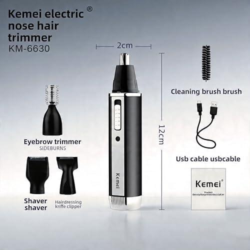 KEMEI 4-in-1 Nose Ear & Facial Hair Trimmer, USB Rechargeable, Painless & Detachable Heads
