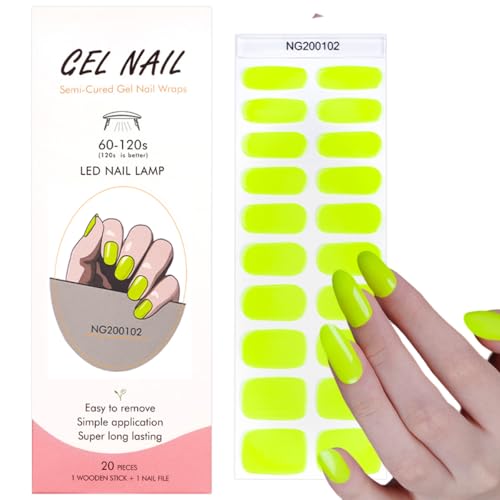 WUHCIM Neon Green Semi-Cured Gel Nail Strips - Style-11, 20Pcs Long-Lasting Lime Green Nail Wraps with File & Stick, UV/LED Lamp Required