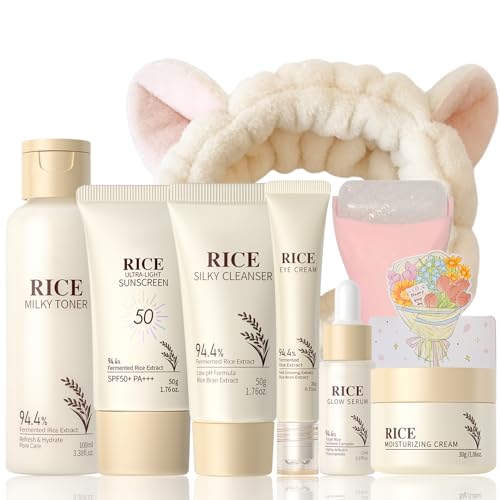 9PCS Rice Skincare Set for Women & Girls ? Korean Skin Care Set with Rice Cleanser, Toner, Serum, Face Cream, Eye Cream, Sunscreen, Ice Roller, Headband & Card ? Moisturizing & Skin Barrier Support