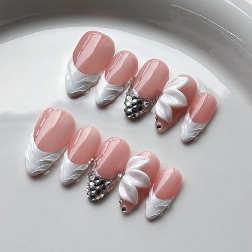 Medium Almond French Tip Press On Nails with Flower Rhinestones - Style9
