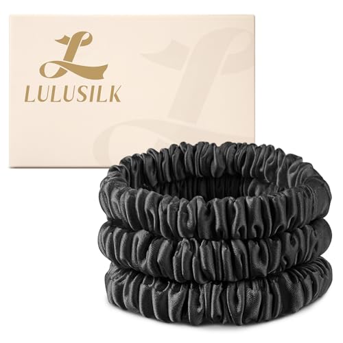 Black Small Mulberry Silk Scrunchies for Thin Hair - 3 Pack