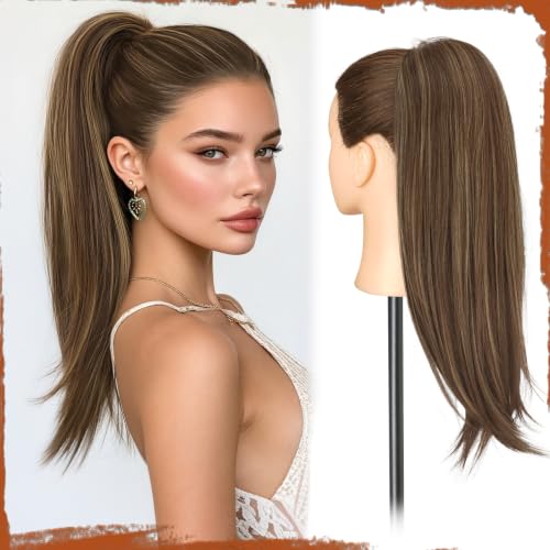 SOFEIYAN 20-Inch Straight Drawstring Ponytail Extension - Brown Mixed Blonde