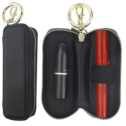 Bocasal Black Leather Lipstick Holder Pouch with Keychain