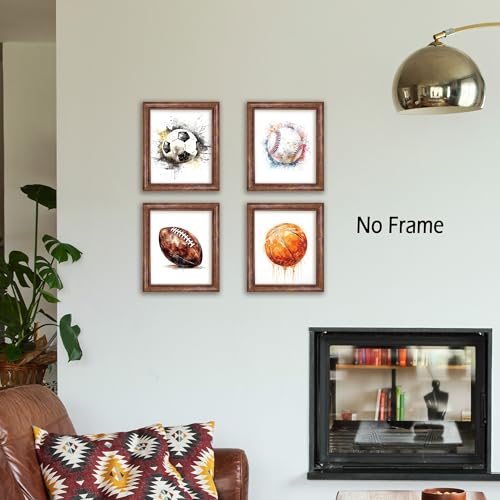 Sports Wall Art Set of 4 - Basketball, Soccer, Football & Baseball Prints - 8x10 Unframed Decor