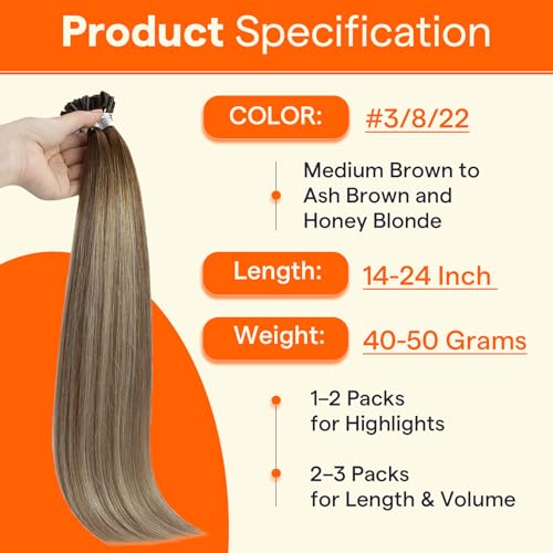 Full Shine U Tip Hair Extensions Real Human Hair 18 Inch Ktip Human Hair Extensions Balayage Color 3 Fading to 8 Ash Brown and 22 Blonde Fusion Extensions 50 Grams Pre Bonded Remy Hair for Wedding
