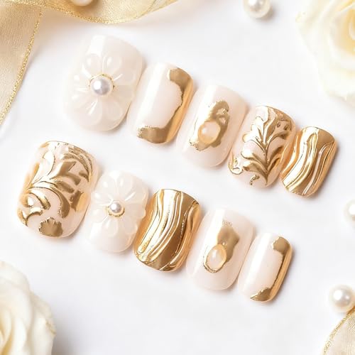 KEHKFSEF 30pcs Flower Press On Nails Short Square White Glossy with 3D Floral Glitter Leaves for Women - Variation 03