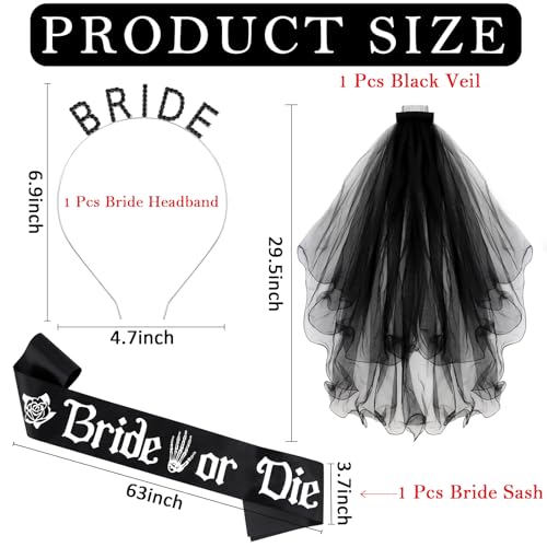 KICOSY Bride or Die Bachelorette Party Set - Black Bride Headband Sash & Veil - Variation: bride 3
