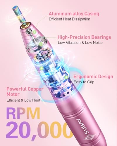 SUBAY Light Pink Electric Nail Drill 20000RPM Portable Nail File for Acrylic & Gel Nails