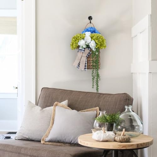 23.6-Inch Blue & Green Hydrangea Basket Wreath for Front Door