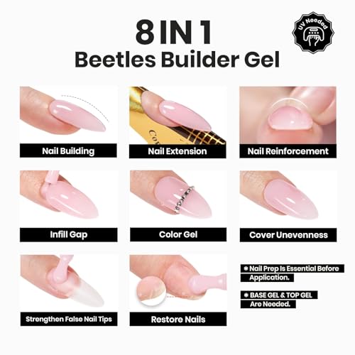 Beetles Builder Gel for Nails-Cover Nude Translucent 8 in 1 Nail Thickening Strengthening Building Instant Apex for Beginner DIY Salon at Home,Natural Nude Builder Nail Gel, UV & LED Lamp Cured Needed