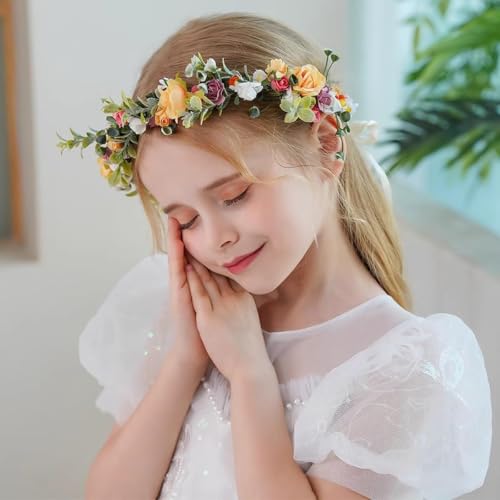 Boho Floral Wreath Headband - White Pink Orange Leaf Bridal Hair Crown