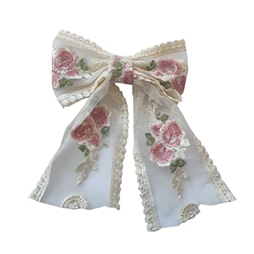 Beige Large Lace Bow Hair Clip with Pink Flower - Honkenda 1 Pack