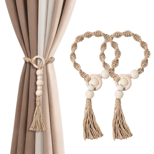 Macrame Curtain Tiebacks with Wooden Beads - 2-Pcs Natural Beige Holdbacks