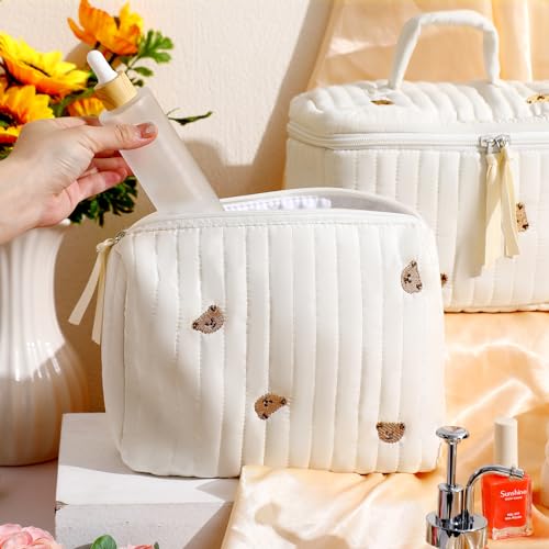 Paterr 3-Piece Quilted Cotton Makeup Bag Set - Little Bear White