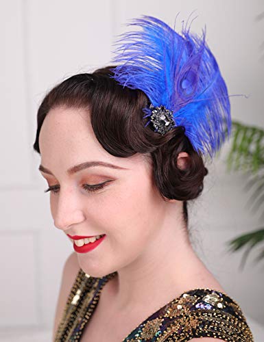 Royal Blue Flapper Headpiece with Feather & Crystal Hair Clip
