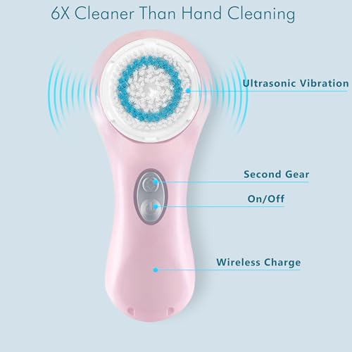 Microtree Sonic Facial Cleansing Brush - Deep Clean & Exfoliate, Waterproof & Rechargeable, 2 Speed Modes with Extra Heads