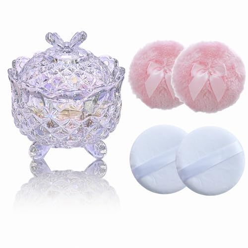 Qopoto Crystal Glass Powder Container with 4 Soft Velvet Body Powder Puffs