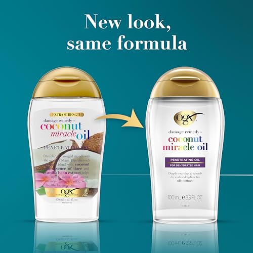 OGX Extra Strength Damage Remedy + Coconut Miracle Oil Penetrating Hair Oil Treatment, Extra Hydrating Anti-Frizz Oil for Coarse, Dry Hair, Paraben-Free, Sulfated-Surfactants Free, 3.3 Fl Oz