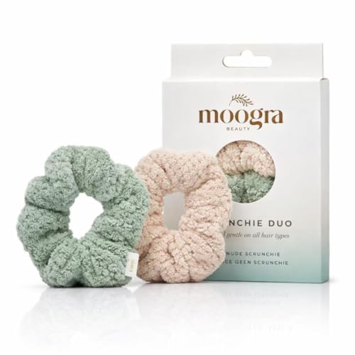 Moogra Beauty Microfiber Hair Scrunchies Set - Nude & Sage Green, Gentle Hold for Long & Thick Hair