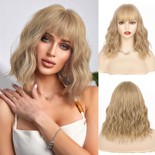 NAYOO Flaxen Blonde Bob Wig with Bangs - 14 Inch Shoulder Length