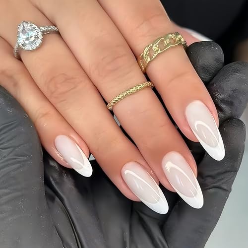 Almond White French Tip Press On Nails - 24 Pcs Reusable Fake Nails