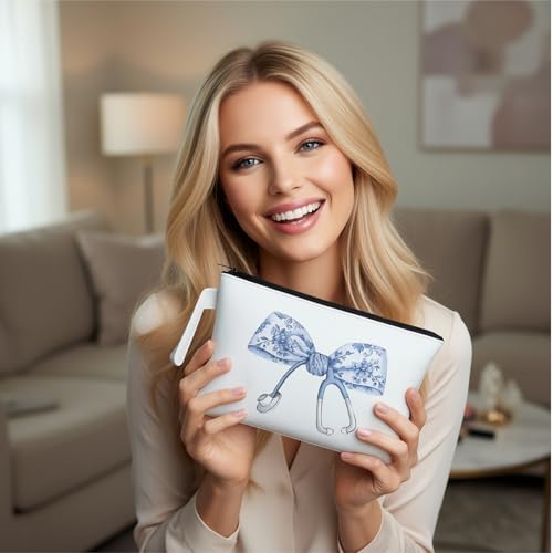 Chinoiserie Makeup Bag with Pink Bow | Blue White Floral | ARPTCN | Large Capacity Toiletry Pouch - White-026