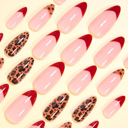 MABKJLF Style11 Medium Almond Press-On Nails with Red French Tip & Leopard Print - 24Pcs