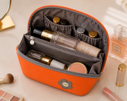 Orange Large Makeup Bag - Spacious Travel Cosmetic Pouch for Women