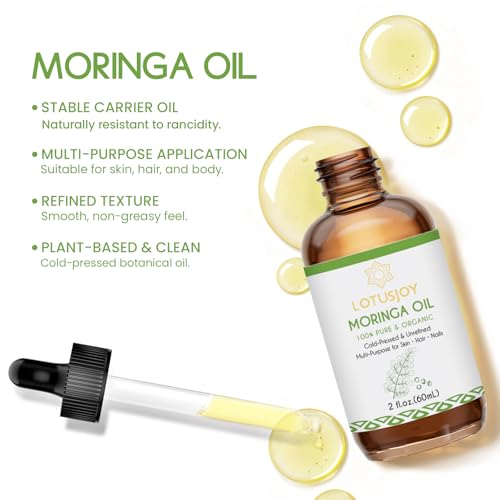 LOTUSJOY 100% Pure Organic Moringa Oil - Cold Pressed for Hair, Skin & Nails