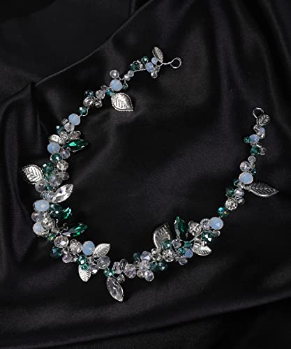 Denifery Bridal Hair Vine Headband with Green Crystals & Rhinestones