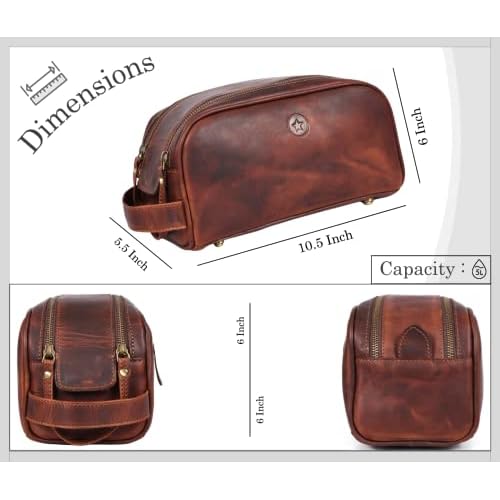 10" Premium Leather Toiletry Travel Pouch With Waterproof Lining | King-Size Handcrafted Vintage Dopp - Kit By Aaron Leather Goods (Dark Brown)