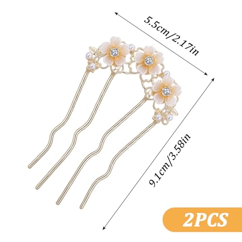 Gold French Hair Pins for Women - 2pcs Pearl Flower Bun Clips
