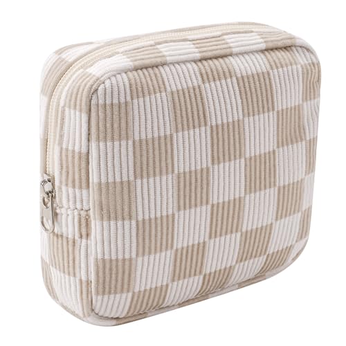 Cute Small Corduroy Zipper Makeup Bag - 09Beige Checker