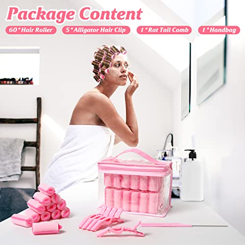 Heatless Foam Hair Rollers Set - 60 Pink Curlers for Overnight Styling, No Damage