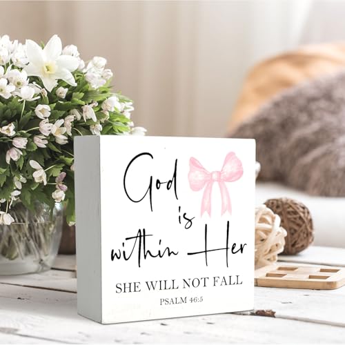 Christian Inspirational Wooden Box Sign with Pink Bow - 5x5 Inches