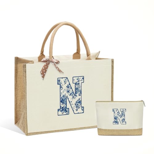KongMoTree Monogrammed Tote Bag for Women - Personalized Canvas Makeup & Gift Bag, N Variation