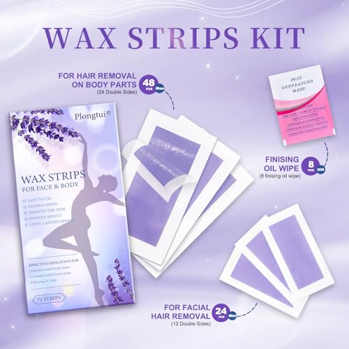 72PCS At Home Wax Strips for Hair Removal, Women & Men | 48 Body + 24 Face Wax Strips, 8 Calming Oil Wipes, Hypoallergenic for All Skin Types, Legs, Arms, Bikini, Brazilian, Back