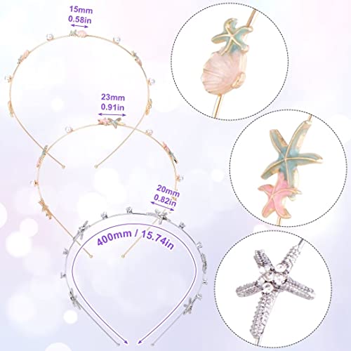 Starfish & Seashell Rhinestone Headbands Set of 3 - Mermaid Bridal Tiaras, 2 Gold 1 Silver